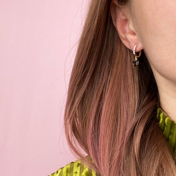 Small hoop earrings with garnet charm, classy basic earrings 14k rose gold - Picture 4 of 12